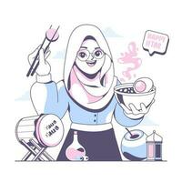 happy iftar concept islamic girl cartoon character vector