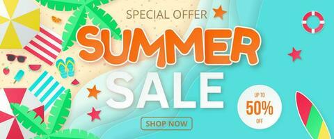 Summer sale vector banner. Paper cut style.