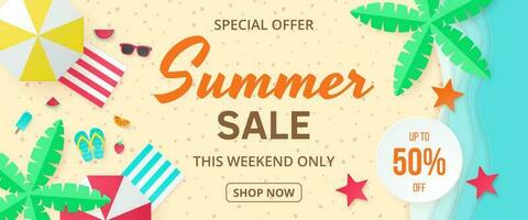 Summer sale vector banner. Paper cut style.