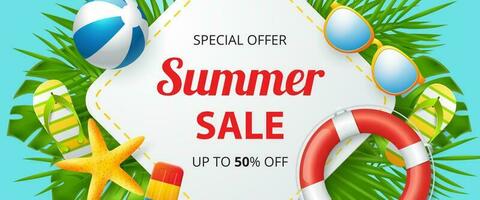 Summer party banner design with colorful beach elements vector