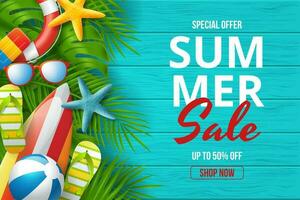 Summer party banner design with colorful beach elements vector