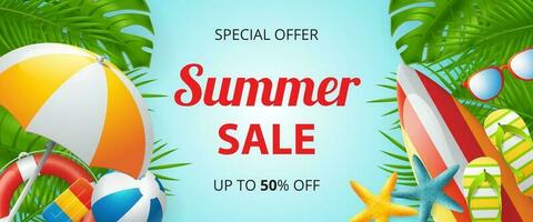 Summer party banner design with colorful beach elements vector