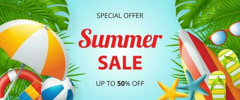 Summer party banner design with colorful beach elements vector