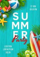 Summer party banner design with colorful beach elements vector