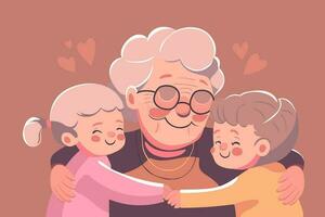 abuelita y nietos son abrazando, contento abuela con sonriente niños vector