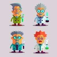 Set of vector cartoon crazy scientists. Doctor with test tubes and poison. Funny characters isolated on background.