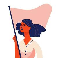 Feminism, women rights and power. Young girl holding flag on white background. Modern flat style on white vector