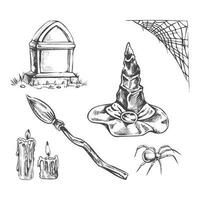 Set of halloween elements in sketch style.  Hand drawn vector spider web, spider, tombstone, broom, pointed hat and candles isolated on white  background.