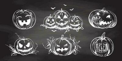 Set of halloween scary and funny pumpkins  in sketch style. Hand drawn vector illustration  isolated on chalkboard  background.