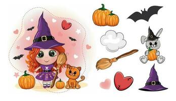 Set of halloween elements in cartoon style. Design of witch, creepy and spooky elements for halloween decorations, sketch, icon. Hand drawn vector isolated on white  background.