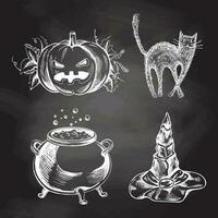 Set of halloween elements in sketch style. Hand drawn vector pointed hat, pumpkin, cat and cauldron  isolated on chalkboard  background.