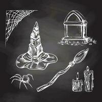 Set of halloween elements in sketch style.  Hand drawn vector spider web, spider, tombstone, broom, pointed hat and candles isolated on chalkboard  background.