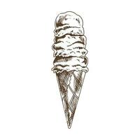 A hand-drawn sketch of a waffle cone with frozen yogurt or soft ice cream. Vintage illustration. Element for the design of labels, packaging and postcards. vector