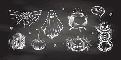 Set of halloween elements in sketch style. Hand drawn vector pumpkins, cauldron,  spider web,  ghost and lantern with candles  isolated on chalkboard  background.