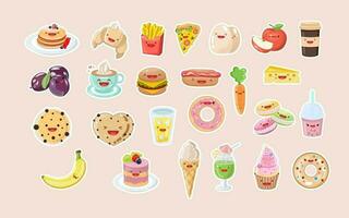 linda comida pegatina colocar. comida kawaii pegatina conjunto en dibujos animados estilo. bebidas, rápido alimento, fruta, verduras, postres vector