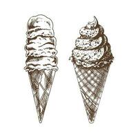 A hand-drawn sketch of a waffle cones with frozen yogurt or soft ice cream. Vintage illustration. Element for the design of labels, packaging and postcards. vector