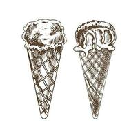 A hand-drawn sketch of a waffle cones with frozen yogurt or soft ice cream. Vintage illustration. Element for the design of labels, packaging and postcards. vector