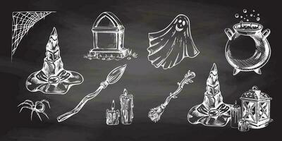 Set of halloween elements in sketch style. Hand drawn vector pointed hat, pumpkin, cat, cauldron, broom, spider, spider web and ghost  isolated on chalkboard background.