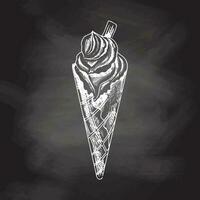 Hand-drawn sketch of a waffle cone with frozen yogurt or soft ice cream isolated on chalkboard background, white drawing. Vector vintage engraved illustration