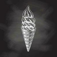 Hand-drawn sketch of a waffle cone with frozen yogurt or soft ice cream isolated on chalkboard background, white drawing. Vector vintage engraved illustration