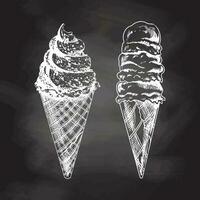 Hand-drawn sketch of a waffle cones with frozen yogurt or soft ice cream isolated on chalkboard background, white drawing. Vector vintage engraved illustration