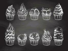 Hand-drawn sketch of ice cream balls, frozen yoghurt or cupcakes in cups isolated on chalkboard background, white drawing. Set. Vector vintage engraved illustration.