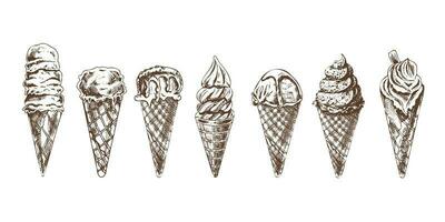 A hand-drawn sketch of a waffle cones with ice cream or frozen yoghurt. Vintage illustration. Set. Element for the design of labels, packaging and postcards. vector