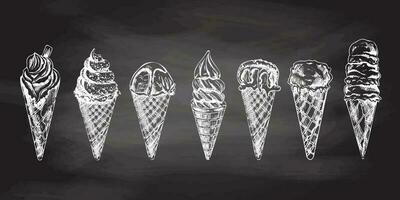 Hand-drawn sketch of waffle cones with ice cream or frozen yoghurt isolated on chalkboard background, white drawing. Set. Vector vintage engraved illustration.