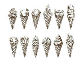 A hand-drawn sketch of a waffle cones with ice cream or frozen yoghurt. Vintage illustration. Set. Element for the design of labels, packaging and postcards. vector