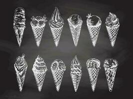 Hand-drawn sketch of waffle cones with ice cream or frozen yoghurt isolated on chalkboard background, white drawing. Set. Vector vintage engraved illustration.