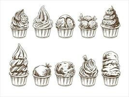 A hand-drawn sketch of ice cream balls, frozen yoghurt or cupcakes in cups. Set. Vintage illustration. Element for the design of labels, packaging and postcards. vector