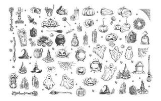 Big set of halloween elements in sketch style. Design of witch, ghost, creepy and spooky elements for halloween decorations, sketch, icon. Hand drawn vector isolated on white  background.