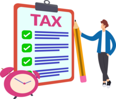 man filling tax papers. illustration of cartoon man filling tax form on time. man standing in front of large form paper png