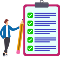 man standing in front of large form paper. illustration of cartoon man filling out a form. task management completion png