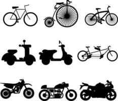 conjunto de diferentes bicicletas y motos silueta vector ilustración