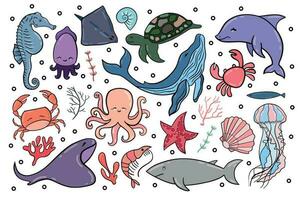 Set with hand drawn sea life elements. Vector doodle cartoon set of marine life objects for your design.