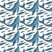 Vector abstract seamless pattern on the theme of travel, adventure and discovery. Vintage repeating background with hand drawn sketches of fish, whale.