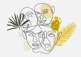 Abstract face one line art. Minimal outline drawing with leaf natural, pot shape. Graphic vector illustration