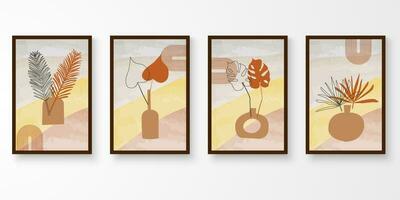 Set of minimal natural wall art in brown images vertical frame. Abstract composition earth tone. Art print, cover, photo frame, wallpaper. Object with shadow. Vector illustration.