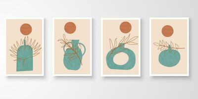 Set of minimal natural wall art in white frames. Foliage line art drawing with abstract shape composition earth tone. Art vector illustration.