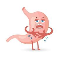 Unhealthy human stomach character is crying and suffering from pain. Food, stomach pain. Anatomy of the digestive system. Vector in flat style