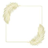 Golden luxury frame with bird feathers isolated on white background. Design for invitations, cards, vector