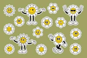 Set of cute hippie flower characters in funky style. Retro 70s atmosphere, groove elements. Cartoon style icons, stickers, vector