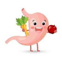 Healthy cheerful human stomach character with vegetables and fruits. Healthy diet. Anatomy of the digestive system. Vector in flat style