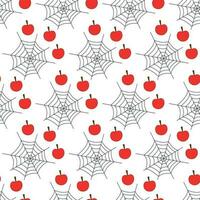 Halloween vector pattern of cobwebs and red apples isolated on white background. Flat design