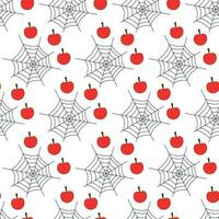 Halloween vector pattern of cobwebs and red apples isolated on white background. Flat design