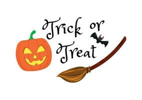 Lettering trick or treat with pumpkin, bat and broom vector