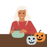 The girl carves a lantern from a pumpkin. Preparing for Halloween vector