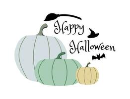 Happy Halloween lettering with pumpkins, bat, witch hat and magic broom vector