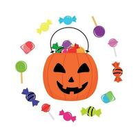 Party basket full of candies bag, cauldron, pumpkin. Vector illustration